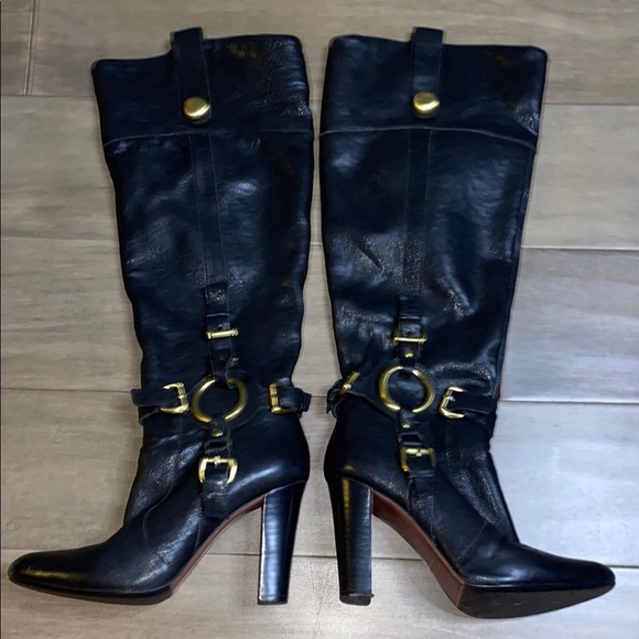 Charles Davis Black Leather Knee-High Boots Gold Harness hardware - Picture 1 of 8
